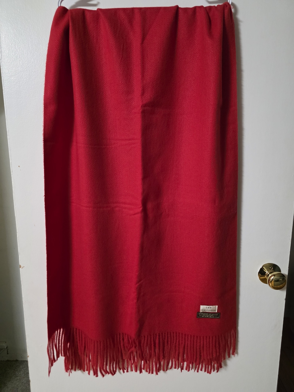 Sky Cashmere Vibrant Red Fringe Scarf Wrap Wool